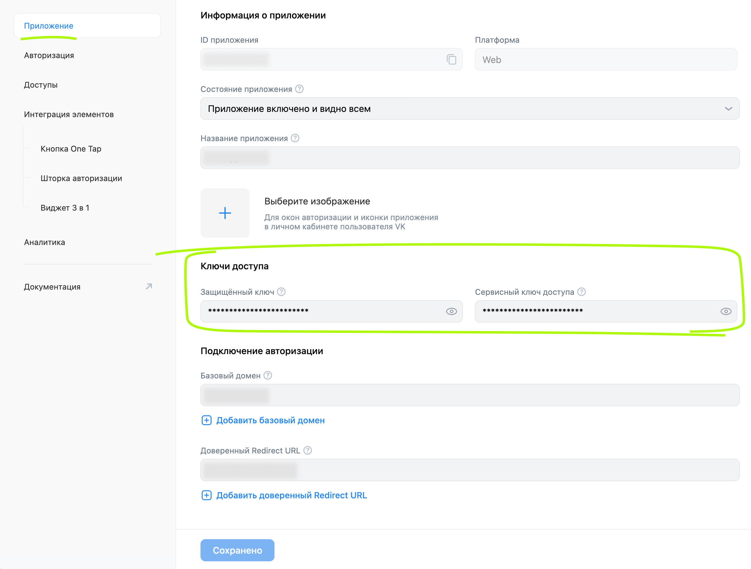 Ключ доступа в настройках Standalone-приложения или сайта